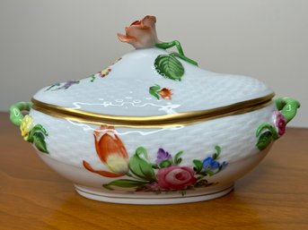 Porcelain Herend Rothschild Covered Candy Dish With Rose Finial, Hand Painted - Hungary