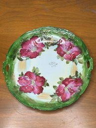 Antique Handled Charger Cake Plate With Large Hibiscus Design