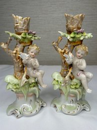 Set Of Vintage Arnart Cherub Porcelain Candle Stick Holders