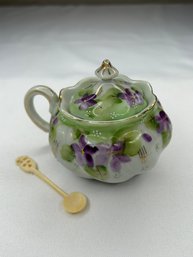 Vintage Nippon Hand Painted Sugar Bowl With Lid And Ivory Spoon