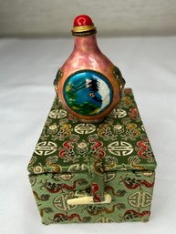 Vintage Reproduction Enamel Painted Snuff Bottle And Case