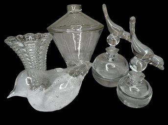 Collection Of Vintage Glassware, Vase, Bird Perfume Bottles And Vessel