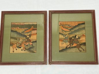 Framed And Matted Pair Of Chinese Woven Silk Framed Panels