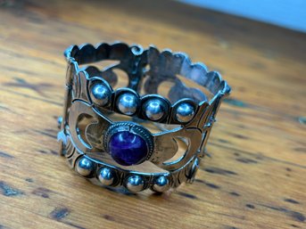 Mexican Hinged Sterling Silver Bracelet With Amethyst Colored Stones