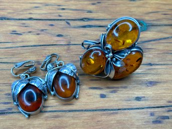 Art Nouveau Style Sterling Silver & Likely Amber Earrings And Chunky Style Ring