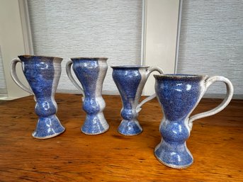 Handmade Blue And Grey Set Of 4 Pottery Mugs.