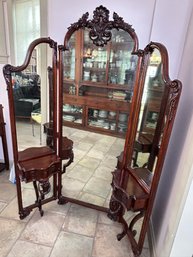 19th Century Victorian Ornate Hand Carved Bi Fold Footed Floor Mirror