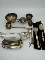 Collection Of Silver Plate Serving Forks, Spoons, Butter Dish & Bowls