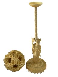 Elaborate Chinese Ivory Puzzle Ball On Figural Stand