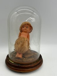 Vintage Glass Dome Cloche Display Stand With Creepy Doll Oddity