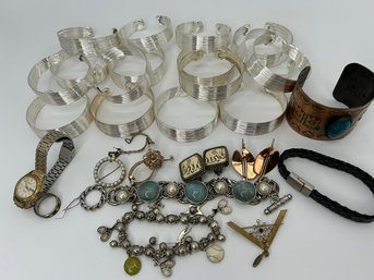 Mixed Fashion Costume Jewelry Collection: Charm Braclets, Pins, Cuffs, Watch Etc.