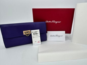 Salvatore Ferragamo Genziana Kid Papiro Wallet- Calf Leather In Box With Tags