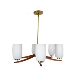 Vintage Mid Century Modern 1960s Sculpted Walnut & Brass Celling Mount Light / Chandelier