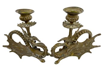 Vintage Griffin / Dragon Pair Of Bronze Chambersticks