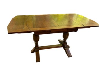 Antique Solid Oak Center Leaf, Double Pedestal Refectory / Amish Trestle Dining Table