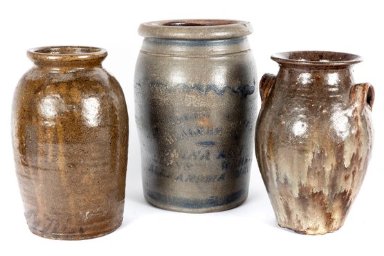 Three Glazed Stoneware Pottery Jars