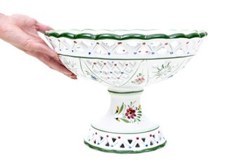 Portuguese Hand Painted Pedestal Fruit Bowl Floral Green Trim