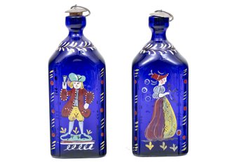 Vintage Gullaskruf Swedish Hand Painted Cobalt Glass Schnapps Bottle