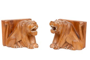 Hand-Carved Lion Bookends