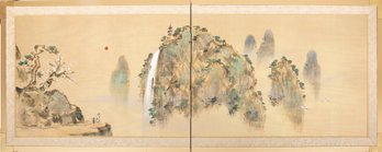 Japanese Meiji-style Two Panel Byobu Landscape Painting