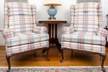 Pair Of Vintage Plaid Queen Anne Wingback Chairs