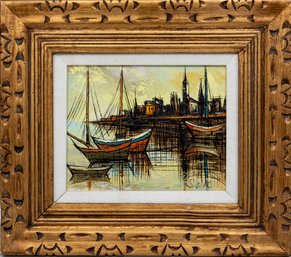 Signed Oil On Canvas English Port Dock Painting