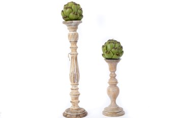 Distressed Wood Baluster Column Candle Stands