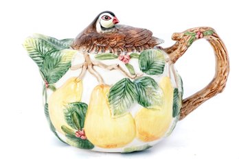 Fitz & Floyd Woodland Partridge In A Pear Tree Teapot, 40oz Majolica Teapot