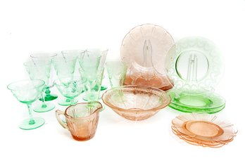 Mixed Collection Of Green/Pink Depression Glass