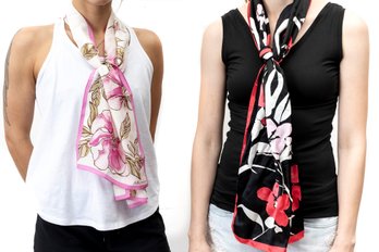 Two AK Anne Klein Floral Silk Scarfs