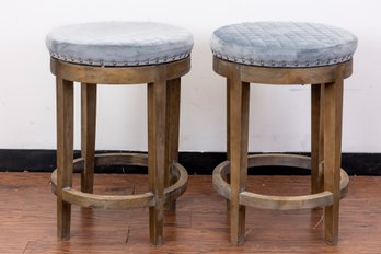 Pair Of Contemporary Blue Diamond Tufted Counter Stools