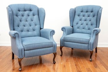 Pair Of Tufted Blue Wingback Chairs