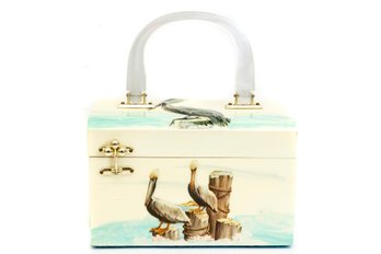 Vintage Vicki Jean Wood Purse Or Jewelry Box. Hand Painted With 3D Pelicans