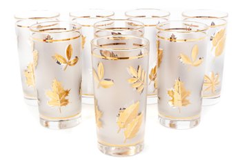 Vintage Mid Century Libbey Set Of Eight Highball Frosted & Gold Glasses