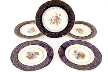 Rare Set Of Five Vintage Steubenville Cobalt & Gold Plates