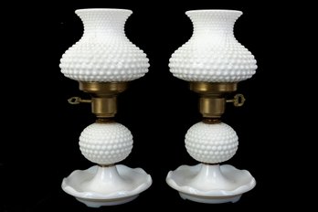 Vintage Milk Glass Hobnail Bedside Boudoir Table Lamps