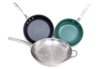 Three Frying Pans By Calphalon & Orgreenic Cookware