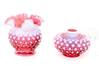 Vintage Fenton Cranberry Hobnail Candlestick Holder & Vase