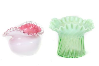 Fenton Ruffle Peach Crest / Uranium Glass Vases