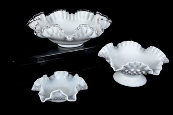 Vintage Fenton Ruffled Silver Crest & Milk Glass Bowls