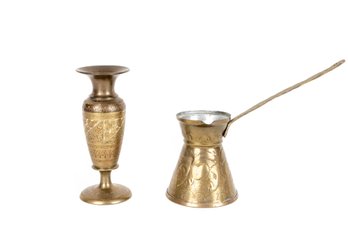 Indian Brass Coffee Pot & Candlestick Holder