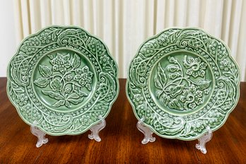 Bordallo Pinheiro Majolica Floral Green Porcelain Plates