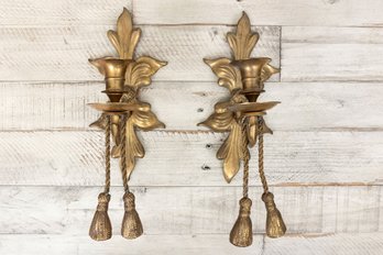 Pair Of Vintage Brass Wall Candlestick Sconces With Brass Tassels