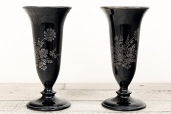 Pair Of LE Smith Amethyst Glass Bud Vases With Silver Florals