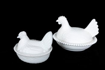 Pair Of Indiana Milk Glass Hen On Nest Lidded Dishes