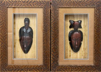 Pair Of Shadow Box African Hand Carved Faces