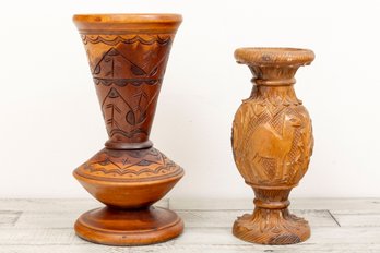 Pair Of Bohemian Wood Carved Vases