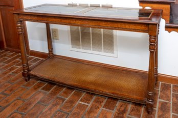 Vintage Walnut Two-Tier Glass Top Console Table With Cane Shelf