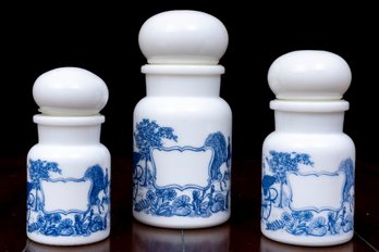 Belgium Toile De Jouy Apothecary Milk Glass Jars