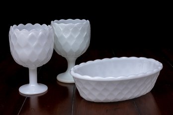 E.O. Brody Company Milk Glass Gobets & Oval Dish